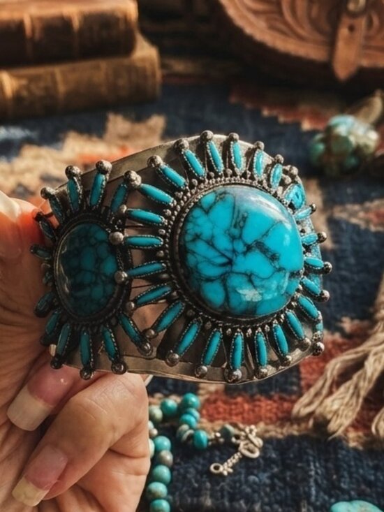 Jewelry - Western Turquoise Cluster Cuff Bracelet Boho Needlepoint Sunburst